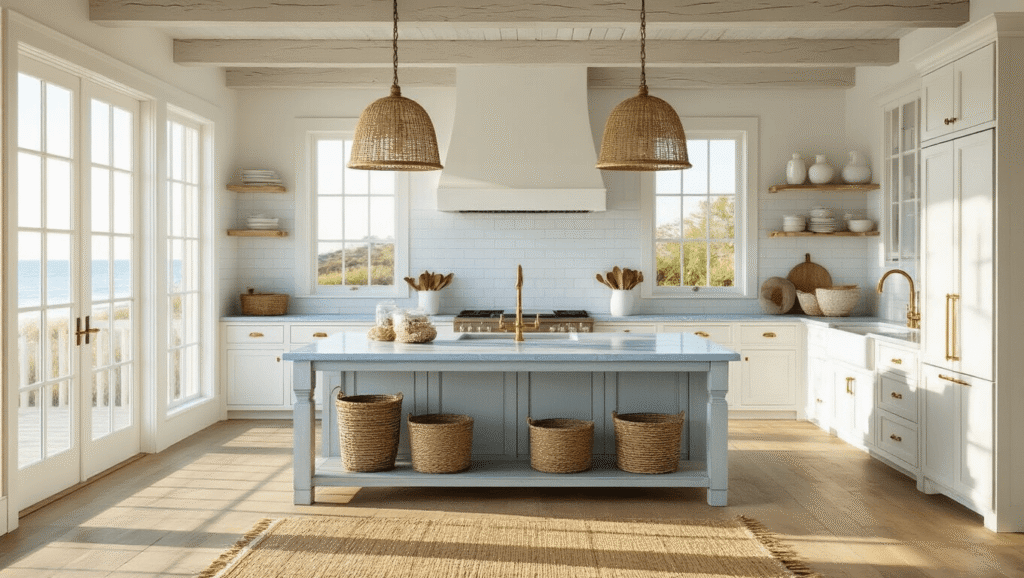 Transforming Your Kitchen into a Coastal Paradise: A Complete Design Guide A sun-drenched coastal kitchen interior featuring white shaker cabinets, a pale blue marble-topped island, and exposed wooden beams, styled with nautical decor and layered textures, captured during golden hour in hyper-realistic detail.