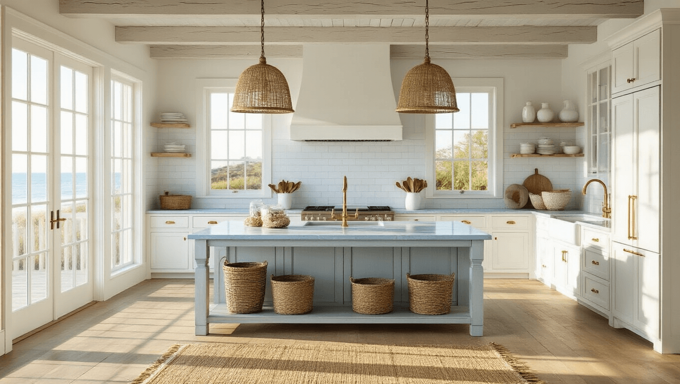 A sun-drenched coastal kitchen interior featuring white shaker cabinets, a pale blue marble-topped island, and exposed wooden beams, styled with nautical decor and layered textures, captured during golden hour in hyper-realistic detail.