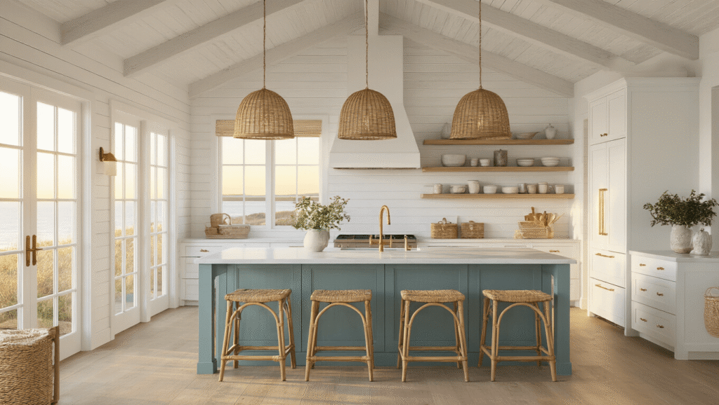 Coastal Chic Kitchen: Transform Your Space into a Breezy Seaside Sanctuary Photorealistic coastal kitchen at sunset with vaulted shiplap ceiling, sage blue island, rattan pendants, and white cabinetry, showcasing warm amber light and natural textures.