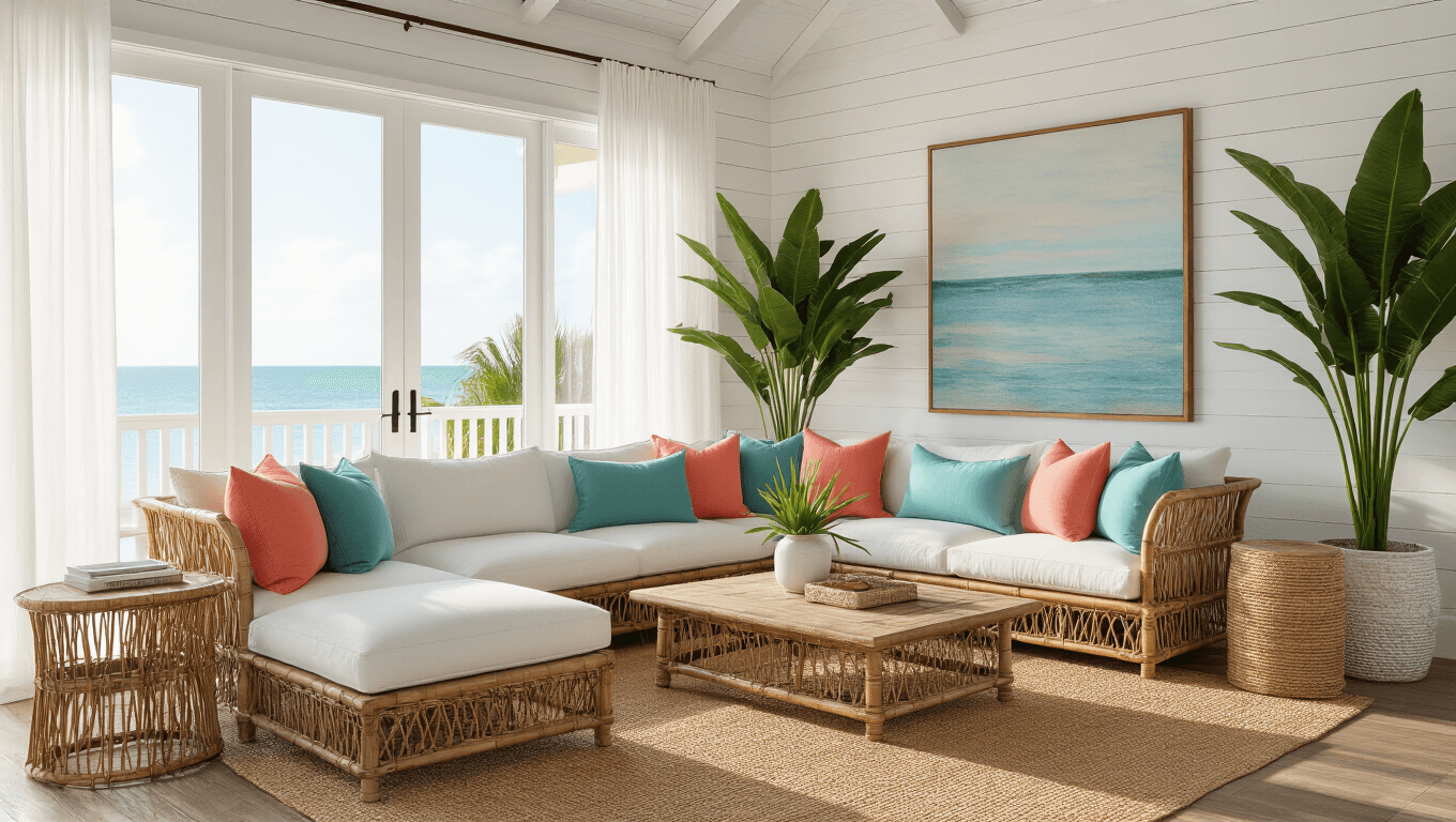 A sun-drenched coastal living room featuring a rattan sectional adorned with seafoam green and coral cushions, surrounded by large tropical plants and a weathered teak coffee table, all bathed in warm golden hour light with a soft bokeh effect.