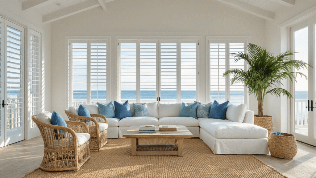 Bringing the Beach Home: Florida Aesthetic Home Decor That Will Transform Your Space A sunlit coastal living room with vaulted whitewashed ceilings, plantation shutters, a white linen sectional sofa with blue throw pillows, rattan accent chairs, and a palm in a seagrass basket, captured in a photorealistic style during golden hour.