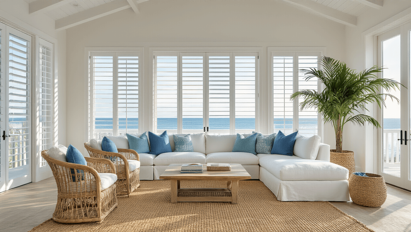 A sunlit coastal living room with vaulted whitewashed ceilings, plantation shutters, a white linen sectional sofa with blue throw pillows, rattan accent chairs, and a palm in a seagrass basket, captured in a photorealistic style during golden hour.