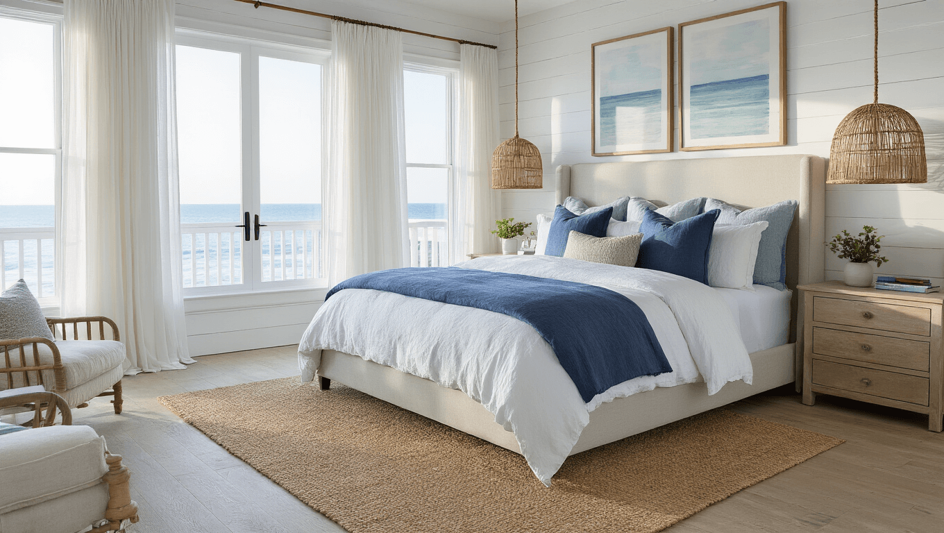 A luxurious coastal master bedroom with a king-size bed dressed in textured white and blue linens, bathed in warm golden hour light from floor-to-ceiling windows, featuring white shiplap walls, weathered oak flooring, and elegant decor elements.