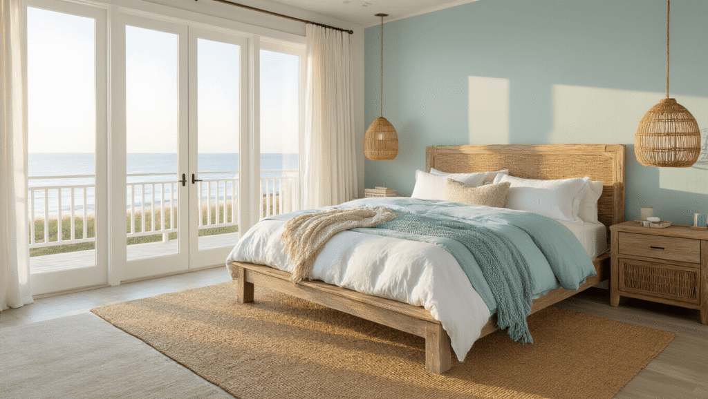 Creating Your Perfect Coastal Master Bedroom: A Serene Seaside Retreat at Home Photorealistic interior of a coastal master bedroom with a weathered oak bed, layered linens, rattan nightstands, and soft natural lighting, featuring seafoam accents and organic textures.