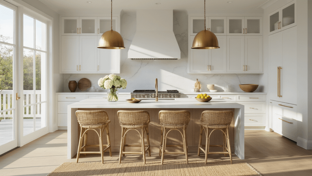 Crafting Your Dream Coastal Modern Kitchen: A Comprehensive Design Guide Sunlit open-concept kitchen featuring a white oak island, white shaker cabinets, and coastal accents, captured during golden hour with dramatic lighting and a warm atmosphere.