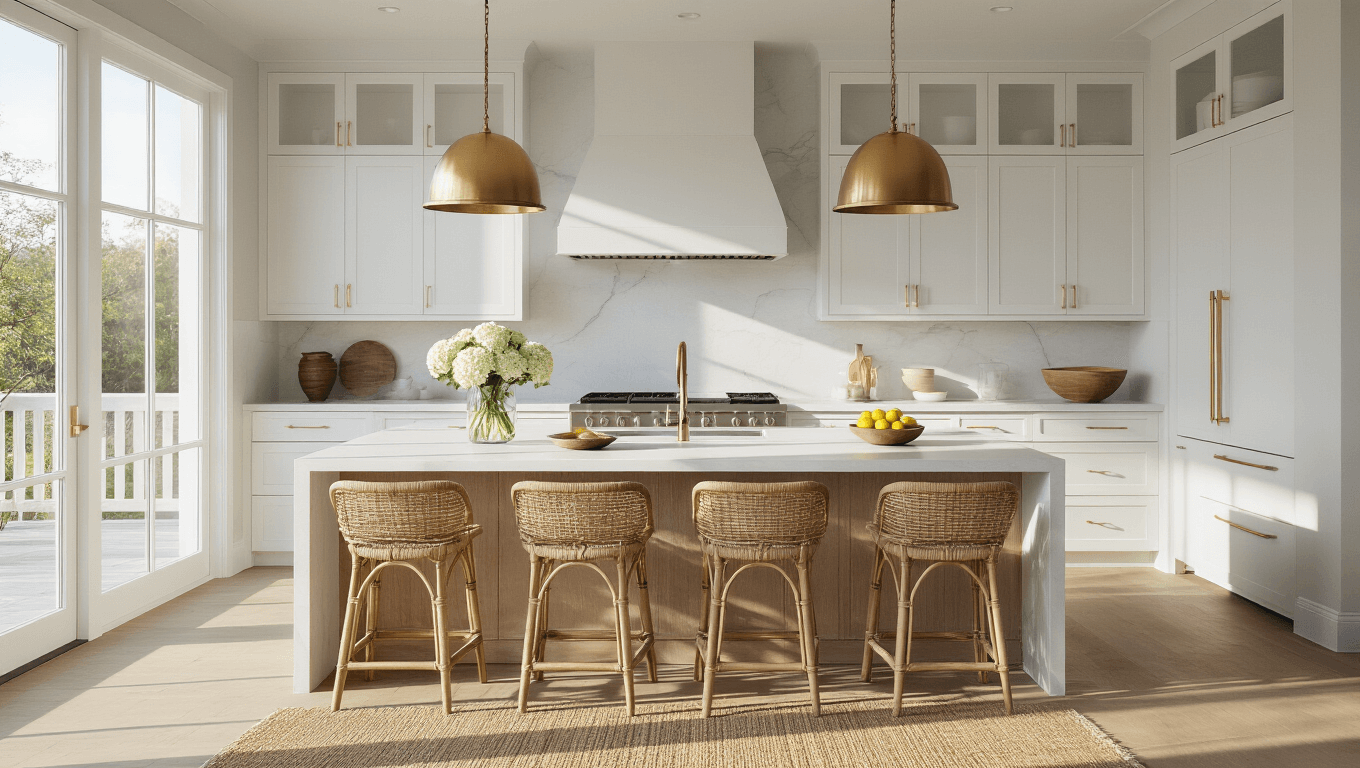 Sunlit open-concept kitchen featuring a white oak island, white shaker cabinets, and coastal accents, captured during golden hour with dramatic lighting and a warm atmosphere.