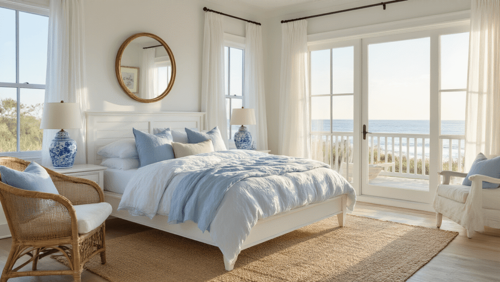 Coastal Granddaughter Bedroom: Your Ultimate Style Guide to Breezy, Chic Comfort A serene coastal bedroom illuminated by golden morning light, featuring a whitewashed oak platform bed with blue and white layered bedding, a vintage rattan chair, and a distressed white dresser adorned with chinoiserie ginger jars, all set against sheer white curtains and a natural jute rug.