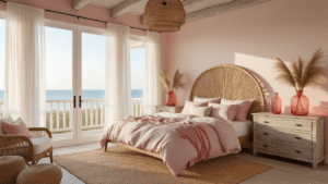 Coastal Bliss: Transforming Your Bedroom with Pink Accents A luxurious coastal bedroom featuring a king-sized bed with a rattan headboard, soft blush and cream bedding, floor-to-ceiling windows with sheer curtains, a driftwood dresser with pampas grass vases, jute rug, rattan pendant light, and a reading nook with a pink velvet armchair. The scene is illuminated by warm golden hour sunlight, creating a romantic atmosphere.
