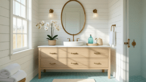 Creating a Dreamy Small Coastal Bathroom: Your Ultimate Design Guide Photorealistic interior of a coastal bathroom featuring white shiplap walls, a light wood floating vanity, an oval brass mirror, and pale aqua hexagonal floor tiles, illuminated by natural morning sunlight; includes white towels, sea glass vessels, a potted orchid, brass fixtures, and beach-inspired decor elements.