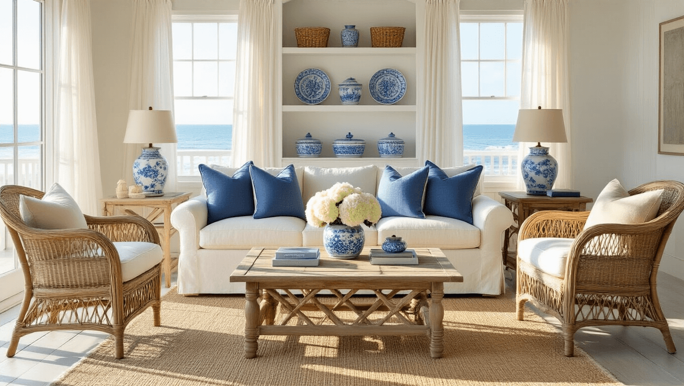 Photorealistic photograph of a sunlit coastal living room featuring a cream linen slipcovered sofa, vintage rattan armchairs, and a whitewashed driftwood coffee table, accented with blue-and-white chinaware and fresh white hydrangeas, all bathed in soft golden hour light.