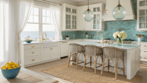 Coastal Kitchen Decor: Transform Your Space into a Breezy Seaside Sanctuary Cinematic wide-angle view of a sunlit coastal kitchen featuring white shaker cabinets, seafoam green backsplash, and Carrara marble countertops, adorned with a blue ceramic bowl of lemons, hydrangeas, and a jute rug, all bathed in golden hour light.