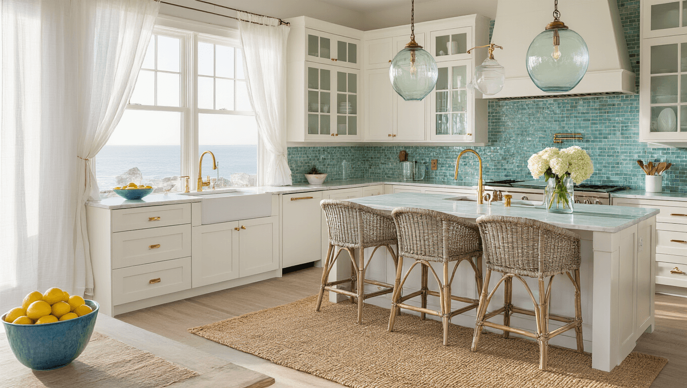 Cinematic wide-angle view of a sunlit coastal kitchen featuring white shaker cabinets, seafoam green backsplash, and Carrara marble countertops, adorned with a blue ceramic bowl of lemons, hydrangeas, and a jute rug, all bathed in golden hour light.