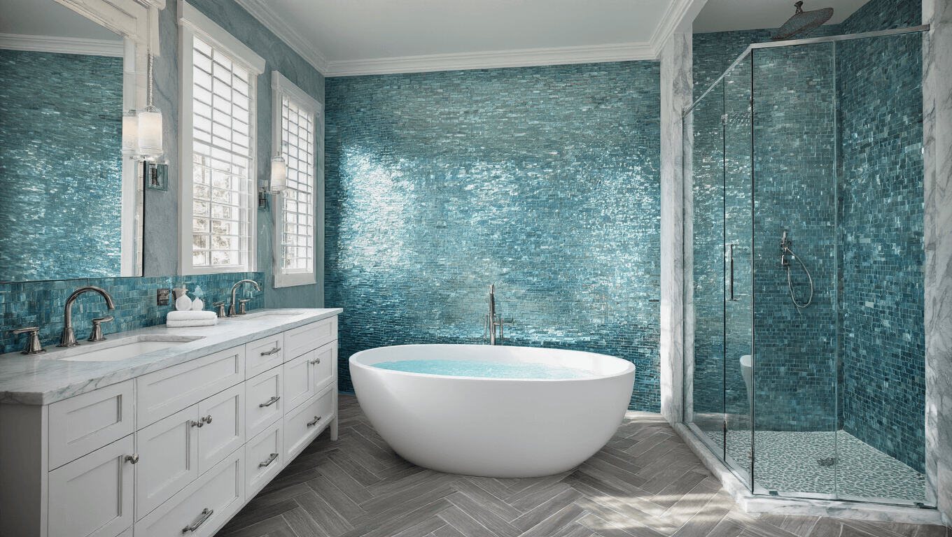 Photorealistic image of a luxurious coastal bathroom featuring a white soaking tub, iridescent glass mosaic tiles, a double vanity with Carrara marble, and an oversized frameless glass shower, all illuminated by natural light.