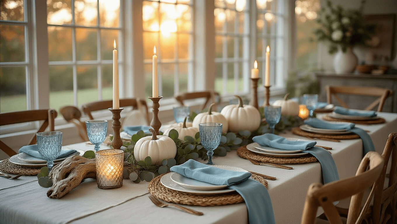 Photorealistic coastal Thanksgiving table setting featuring a 14-foot dining table with ivory linen, seagrass chargers, seafoam blue napkins, and a centerpiece of driftwood, white ceramic pumpkins, and eucalyptus, illuminated by warm natural light.