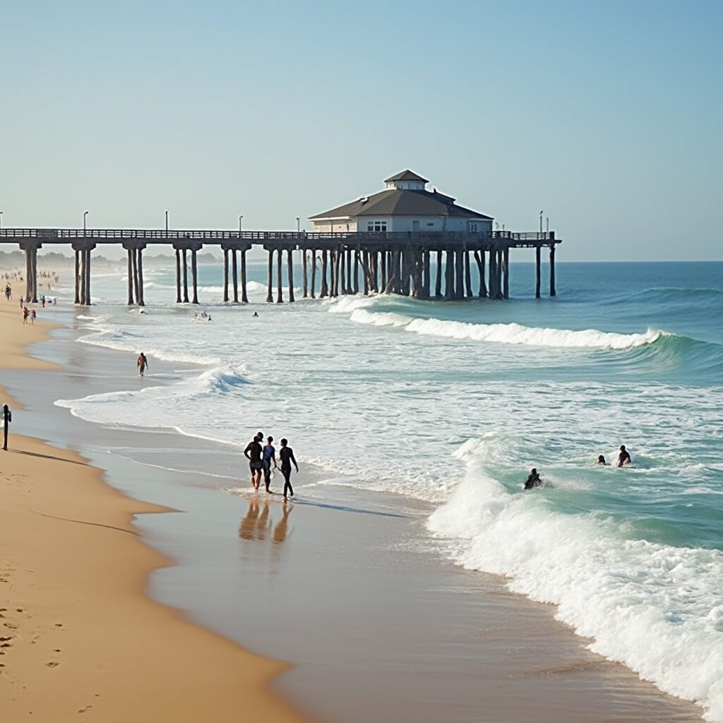 Why Cocoa Beach in February is Your Secret Winter Paradise Surfers in wetsuits riding 3-4 foot waves at Cocoa Beach Pier with surf instructors teaching newcomers on the shore, under a clear sunny sky with a gentle breeze, in perfect 72-degree weather.
