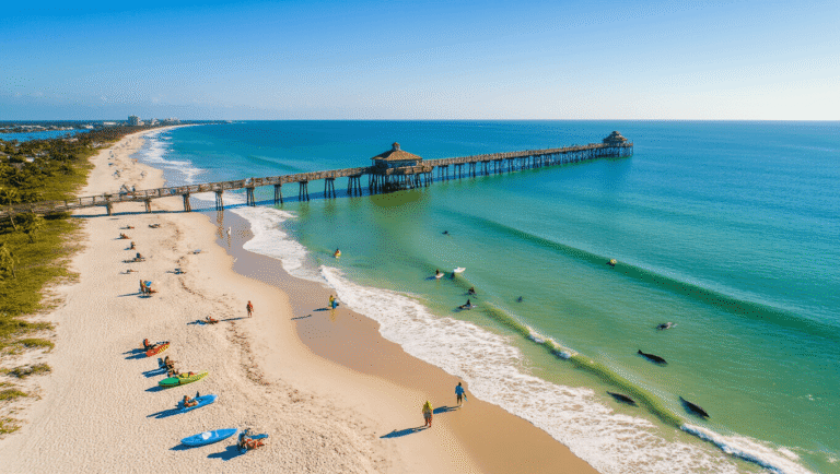 "Aerial view of Cocoa Beach in winter featuring golden sand, surfing waves, iconic pier, kayakers in Banana River Lagoon, dolphins, manatees, beachgoers, and stretching coastline of Space Coast."