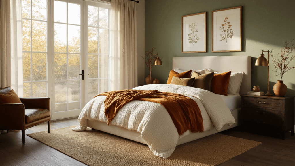 Creating a Cozy Fall Bedroom Retreat: Your Ultimate Styling Guide A luxurious master bedroom during golden hour, featuring a king-size bed with layered textural bedding, warm ambient lighting from a brass floor lamp, and cozy autumn decor against a sage green accent wall, captured in a photorealistic style.