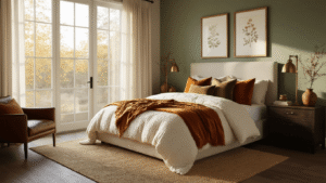 Creating a Cozy Fall Bedroom Retreat: Your Ultimate Styling Guide A luxurious master bedroom during golden hour, featuring a king-size bed with layered textural bedding, warm ambient lighting from a brass floor lamp, and cozy autumn decor against a sage green accent wall, captured in a photorealistic style.