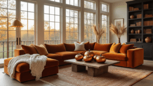 Cozy Fall Room Decor: Transform Your Space with Autumn Warmth and Style A warm, inviting autumn living room featuring a rust-colored velvet sectional, layered rugs, and an arrangement of decorative pumpkins, illuminated by golden hour lighting streaming through large windows.