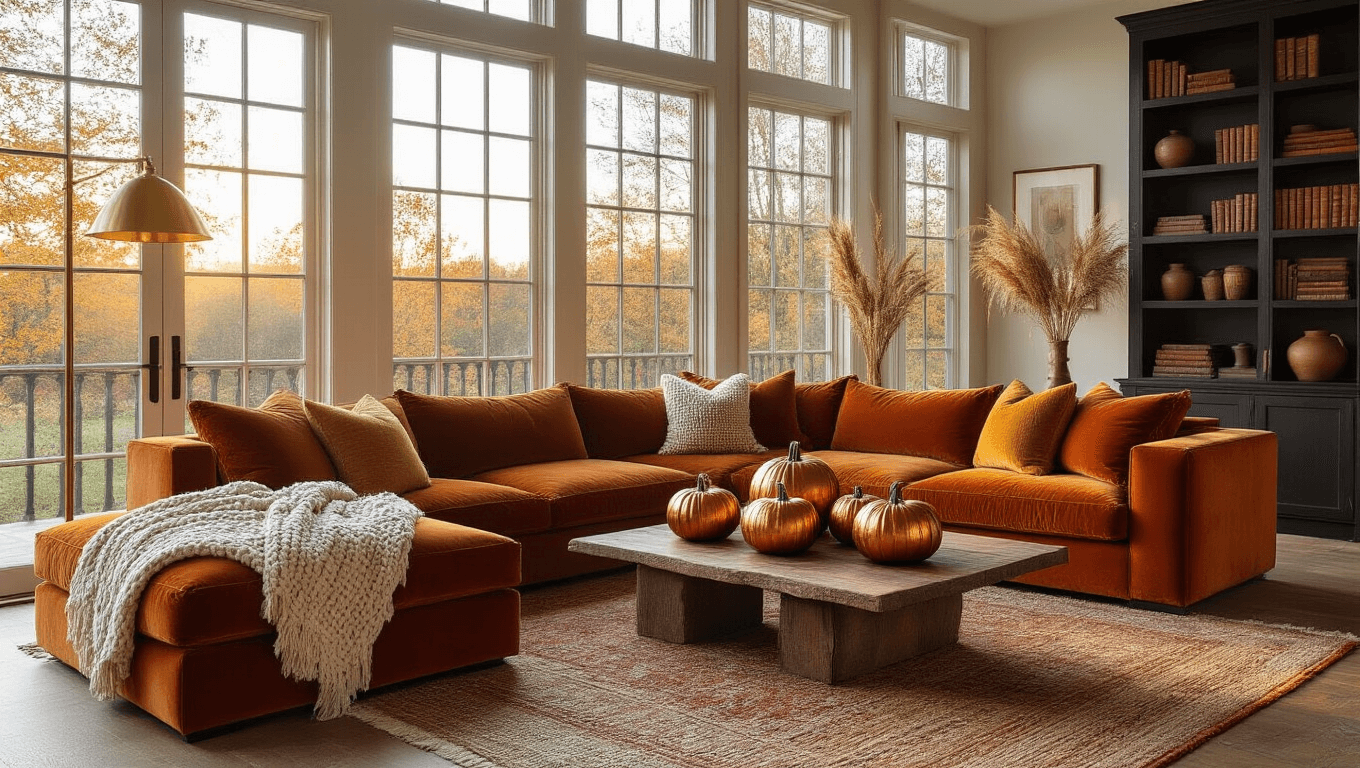 A warm, inviting autumn living room featuring a rust-colored velvet sectional, layered rugs, and an arrangement of decorative pumpkins, illuminated by golden hour lighting streaming through large windows.