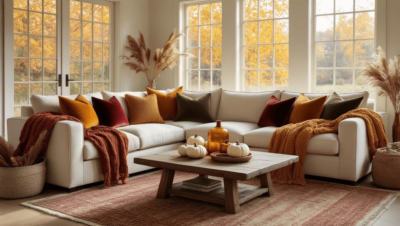 Cozy autumn living room with a cream sectional sofa, chunky knit throws, velvet pillows, layered rugs, rustic coffee table decor, and warm golden hour light.