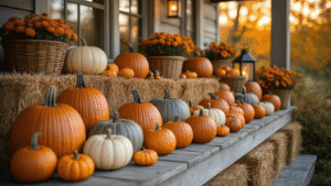 Cinematic wide-angle shot of an inviting autumn front porch adorned with a variety of pumpkins, hay bales, lanterns, and natural decor, illuminated by soft golden hour light.