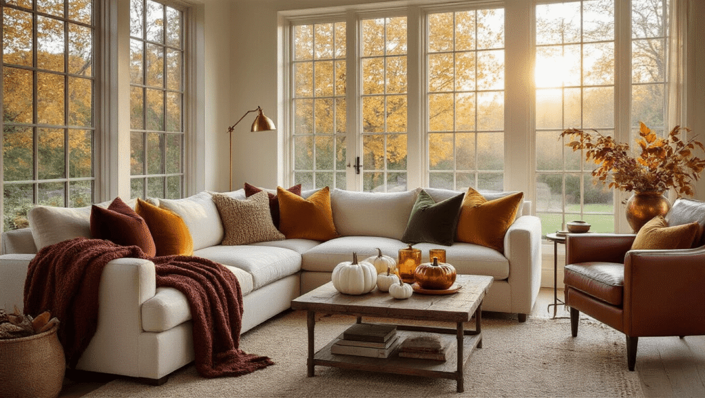 Fall Home Decor: Transform Your Space into a Cozy Autumn Haven A warm, inviting autumn living room featuring a cream sectional sofa with layered textiles, a cognac leather armchair in a cozy nook, and a reclaimed wood coffee table adorned with seasonal decor, all illuminated by golden hour light streaming through large windows.