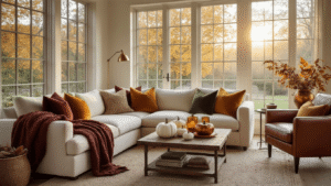 Fall Home Decor: Transform Your Space into a Cozy Autumn Haven A warm, inviting autumn living room featuring a cream sectional sofa with layered textiles, a cognac leather armchair in a cozy nook, and a reclaimed wood coffee table adorned with seasonal decor, all illuminated by golden hour light streaming through large windows.