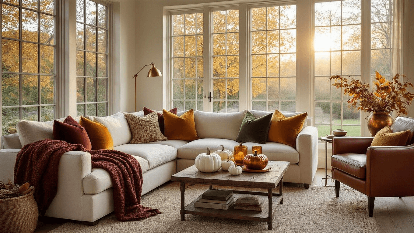 A warm, inviting autumn living room featuring a cream sectional sofa with layered textiles, a cognac leather armchair in a cozy nook, and a reclaimed wood coffee table adorned with seasonal decor, all illuminated by golden hour light streaming through large windows.