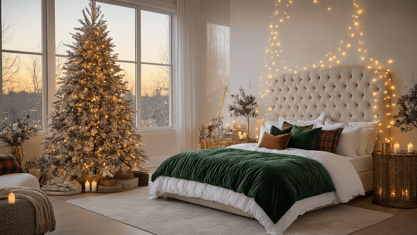 Cinematic wide-angle view of a cozy winter-themed master bedroom with a king-sized bed layered in white and forest green bedding, a decorated Christmas tree, and softly glowing fairy lights, casting an intimate ambiance.