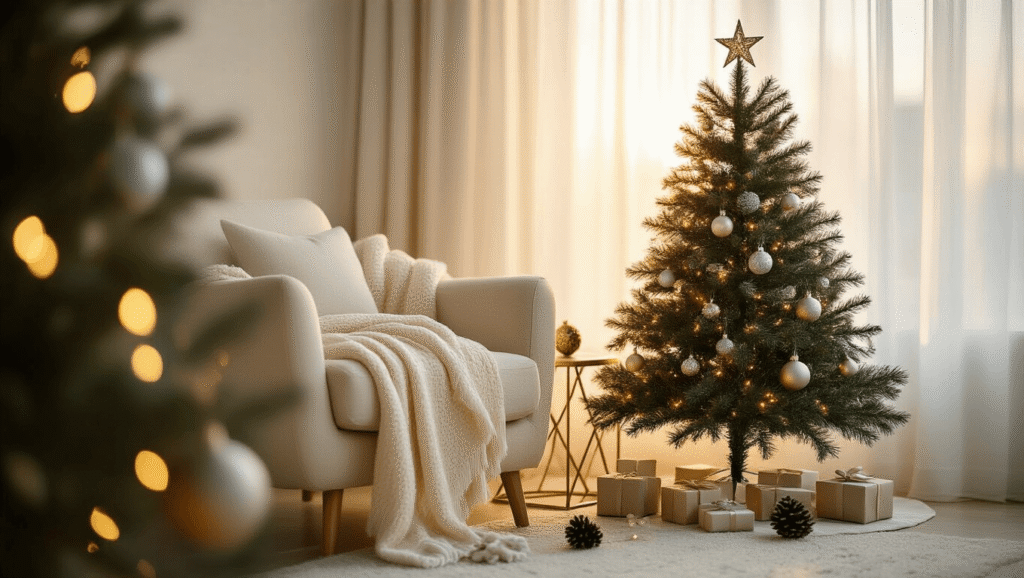 Small Christmas Tree: The Ultimate Compact Holiday Decor Guide Hyperrealistic photograph of a cozy apartment corner featuring a slim Christmas tree adorned with silver and gold ornaments, warm lights, and a star topper, beside a cream armchair and brass side table, with scattered pine cones and gifts, in warm golden hour lighting.