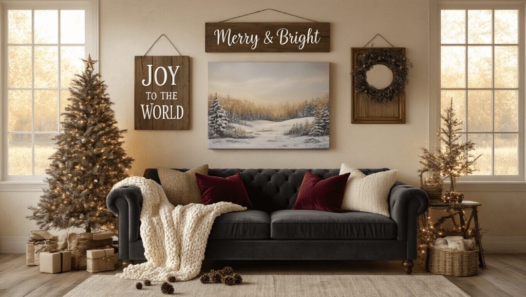 Cozy Christmas Wall Decor: Transform Your Space into a Festive Wonderland Cozy Christmas living room with rustic wooden signs, layered canvas art, and warm sunlight illuminating a velvet sofa adorned with knit throws and festive pillows.