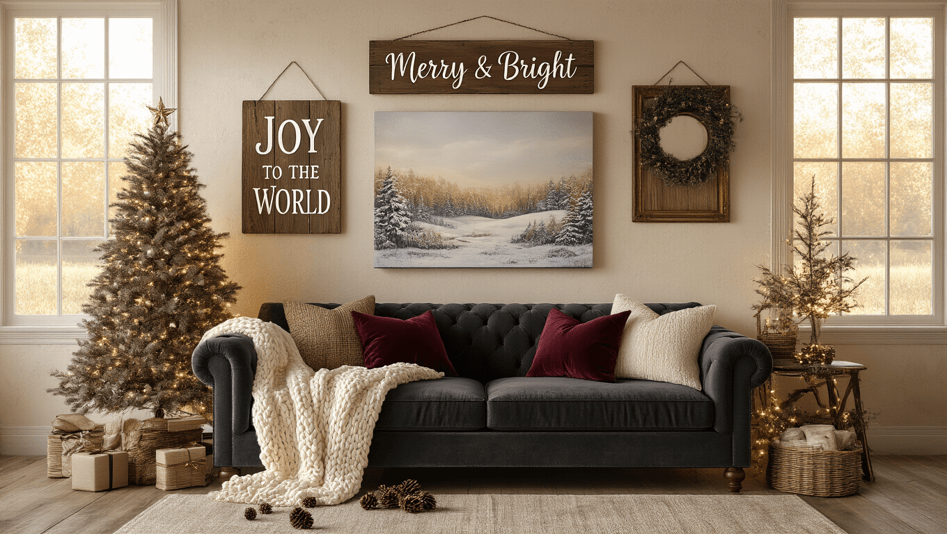 Cozy Christmas living room with rustic wooden signs, layered canvas art, and warm sunlight illuminating a velvet sofa adorned with knit throws and festive pillows.