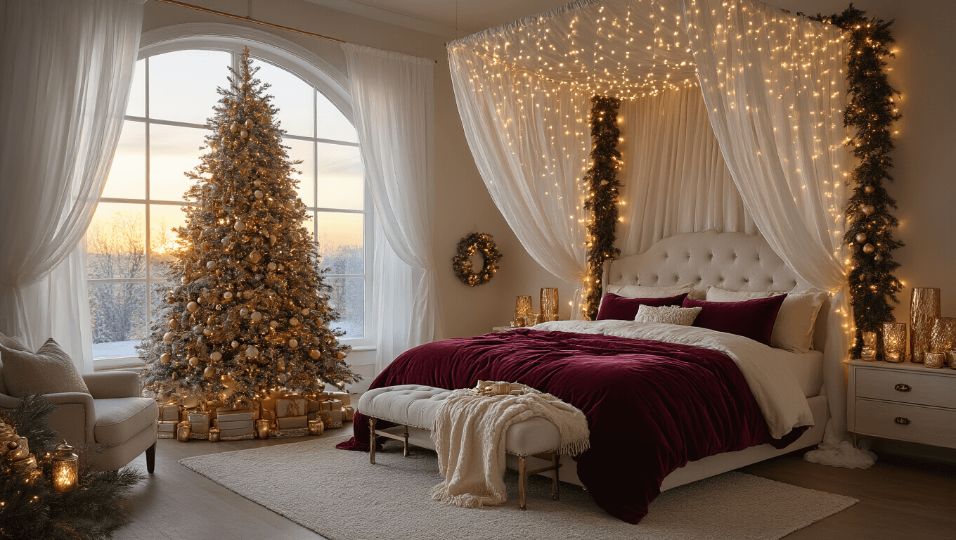 Luxurious master bedroom at golden hour, featuring a king-sized bed with burgundy velvet and cream cashmere bedding, warm fairy lights, a flocked Christmas tree with vintage ornaments, and soft sheer curtains, all creating a cozy, magical holiday atmosphere.