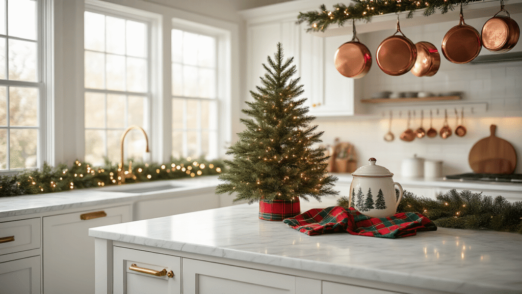 Magical Christmas Kitchen Decor: Transform Your Cooking Space into a Festive Wonderland A cozy modern kitchen adorned for Christmas, featuring white shaker cabinets, marble countertops, a mini tree with warm lights, and festive decor, all illuminated by natural morning light.