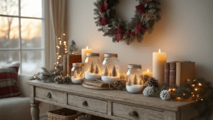 DIY Christmas Decor: Create Magical Holiday Spaces on a Budget Photorealistic interior shot of a cozy living room corner adorned with DIY Christmas decorations, featuring a wooden console table with mason jar snow globes, pinecone ornaments, wrapped vintage books, cinnamon stick candles, and a fabric wreath, all warmly lit by fairy lights.