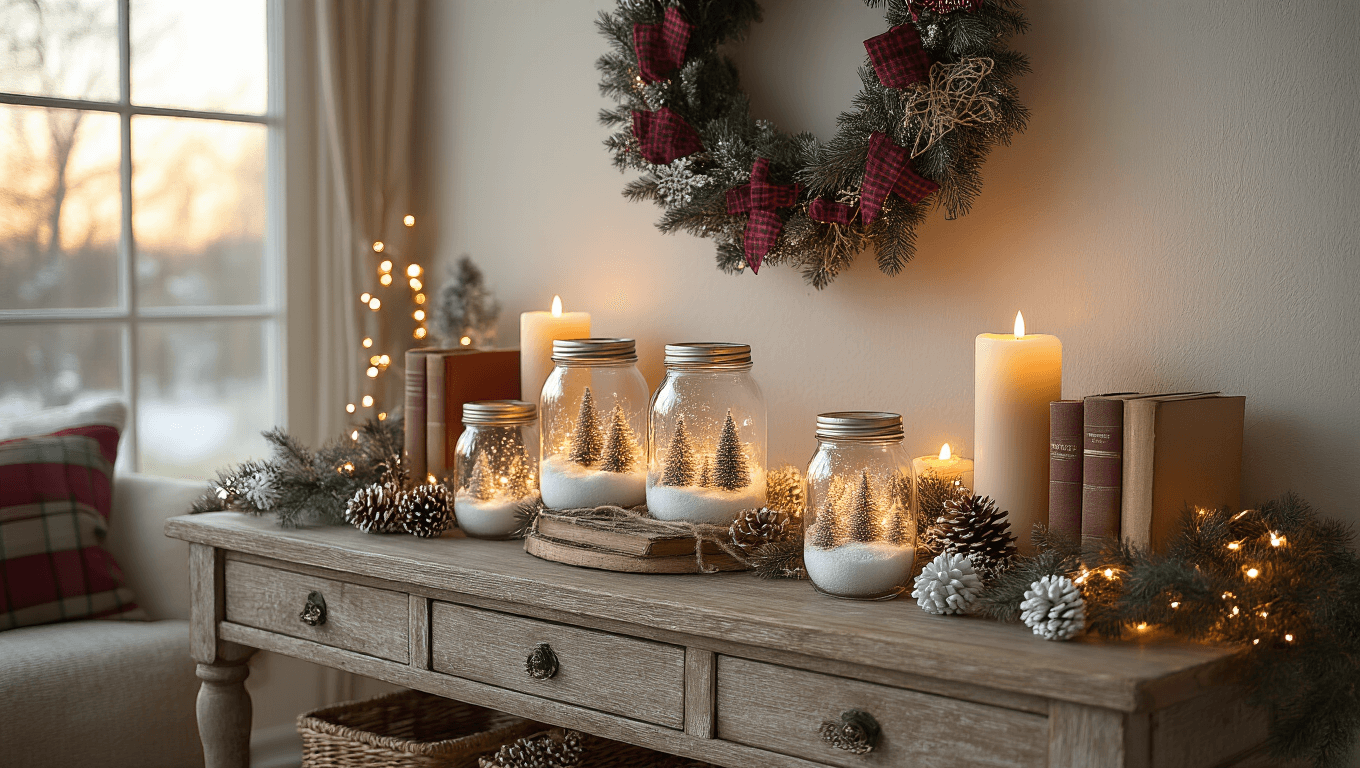 Photorealistic interior shot of a cozy living room corner adorned with DIY Christmas decorations, featuring a wooden console table with mason jar snow globes, pinecone ornaments, wrapped vintage books, cinnamon stick candles, and a fabric wreath, all warmly lit by fairy lights.