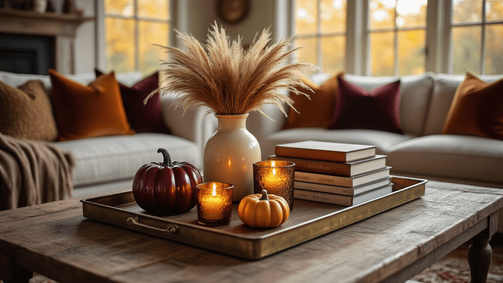 Cozy Fall Coffee Table Decor: Transform Your Living Space in 30 Minutes Cozy fall coffee table decor with mini ceramic pumpkins, flickering candles, dried flowers, and layered jewel-toned books on a rustic wooden tray, bathed in warm golden hour sunlight.