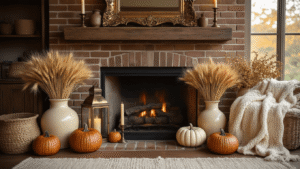 Fall Mantel Decor: Transform Your Space with Autumn Charm A hyperrealistic photograph of a cozy fall mantel decor featuring a grand brick fireplace, an antiqued gold mirror, weathered copper lanterns, cream vases with dried wheat, artisanal wooden pumpkins, a chunky knit throw, brass candlesticks, seagrass baskets, and a rich color palette, captured in warm golden hour lighting with soft depth of field.
