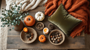 Cozy Fall Home Decor: Transform Your Space with Autumn Warmth and Style Overhead shot of a rustic wood coffee table styled with cozy fall decor, featuring terracotta throws, ceramic pumpkins, textured pillows, dried eucalyptus, brass candlesticks, and an assortment of acorns and pinecones, all bathed in golden hour lighting.