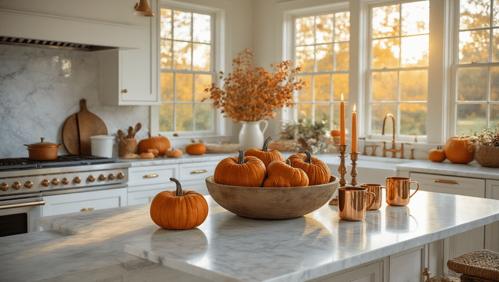 Cozy Fall Kitchen Decor: Transform Your Space with Warmth and Style A luxurious farmhouse kitchen adorned for fall, featuring white shaker cabinets, Carrara marble countertops, and a central island with a rustic dough bowl filled with burnt orange and mustard velvet pumpkins, surrounded by copper mugs and brass candlesticks, all bathed in warm golden hour sunlight.