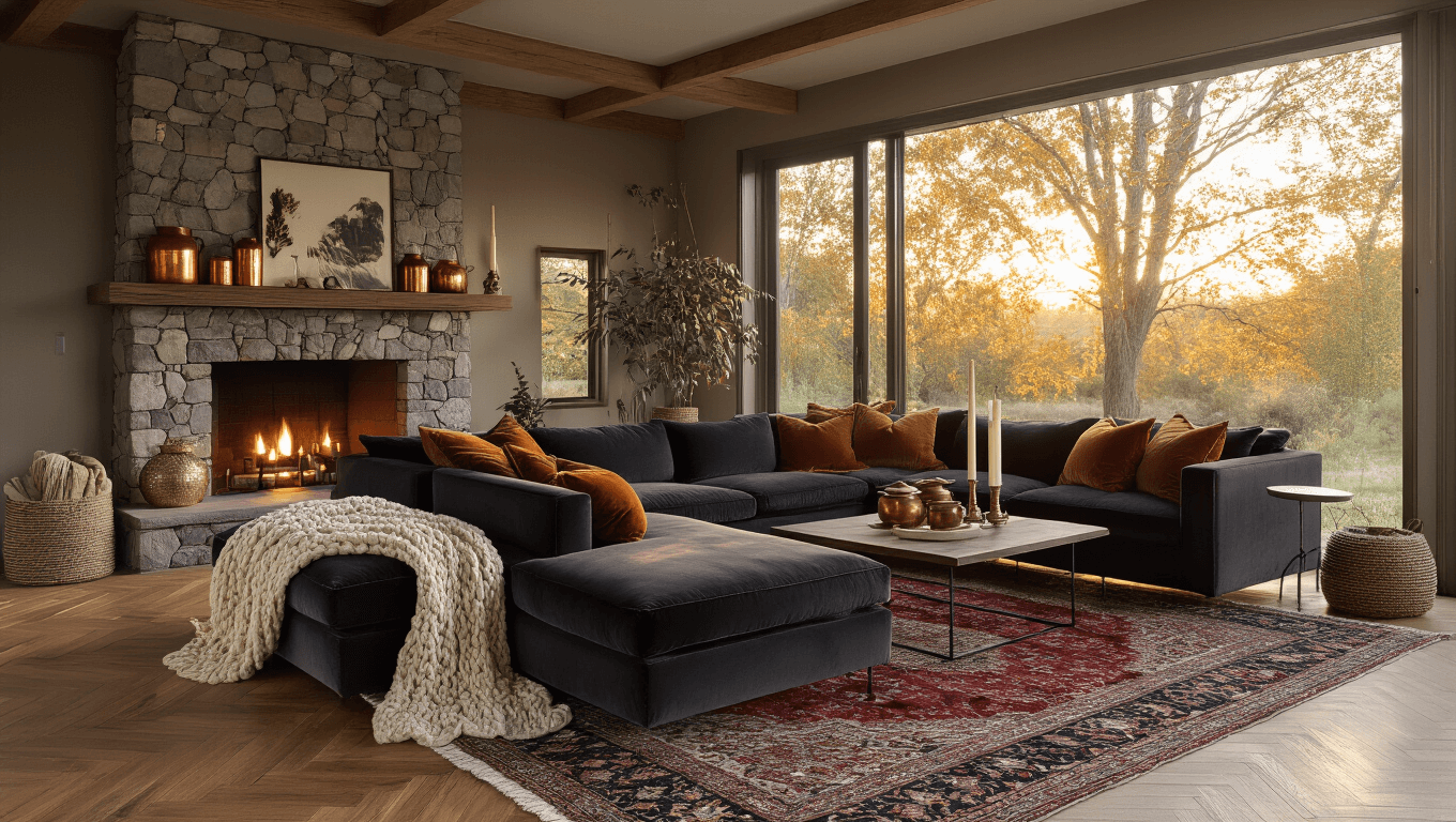 Hyperrealistic photograph of a spacious living room at golden hour, featuring a charcoal velvet sectional sofa with textured pillows, oak herringbone flooring, vintage Persian rug, dramatic stone fireplace with copper vessels and ivory candles, and warm sunlight streaming through floor-to-ceiling windows.