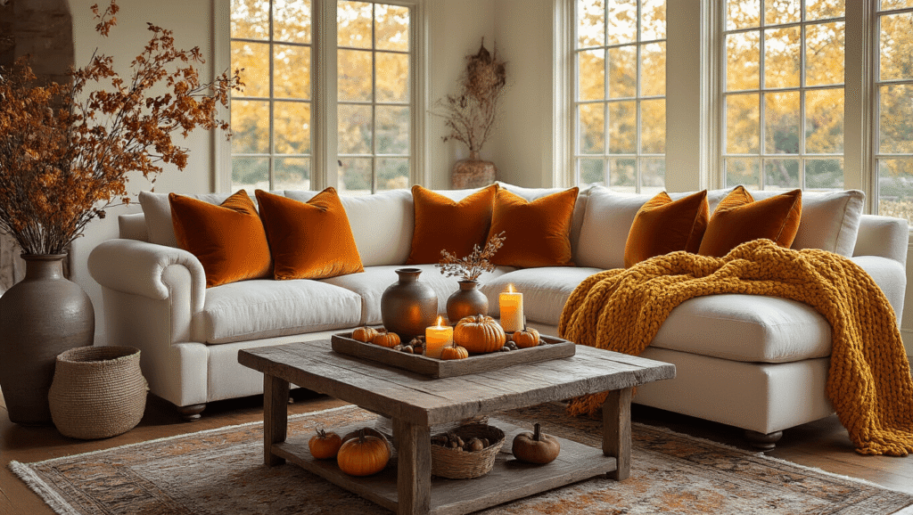 Cozy Fall Decor: Transform Your Home into an Autumn Haven Cozy autumn living room featuring a cream sectional sofa with burnt orange pillows and chunky knit throws, rustic wood coffee table with ceramic vases and seasonal decor, illuminated by golden hour sunlight.