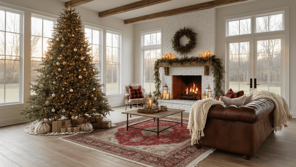Farmhouse Christmas Decor: Create a Cozy, Vintage-Inspired Holiday Haven A photorealistic wide-angle shot of a cozy farmhouse living room at golden hour, featuring a decorated flocked pine tree, weathered oak floors, a Chesterfield sofa with knitted throws, a whitewashed brick fireplace adorned with brass lanterns and pine garland, and soft sunlight streaming through the windows.