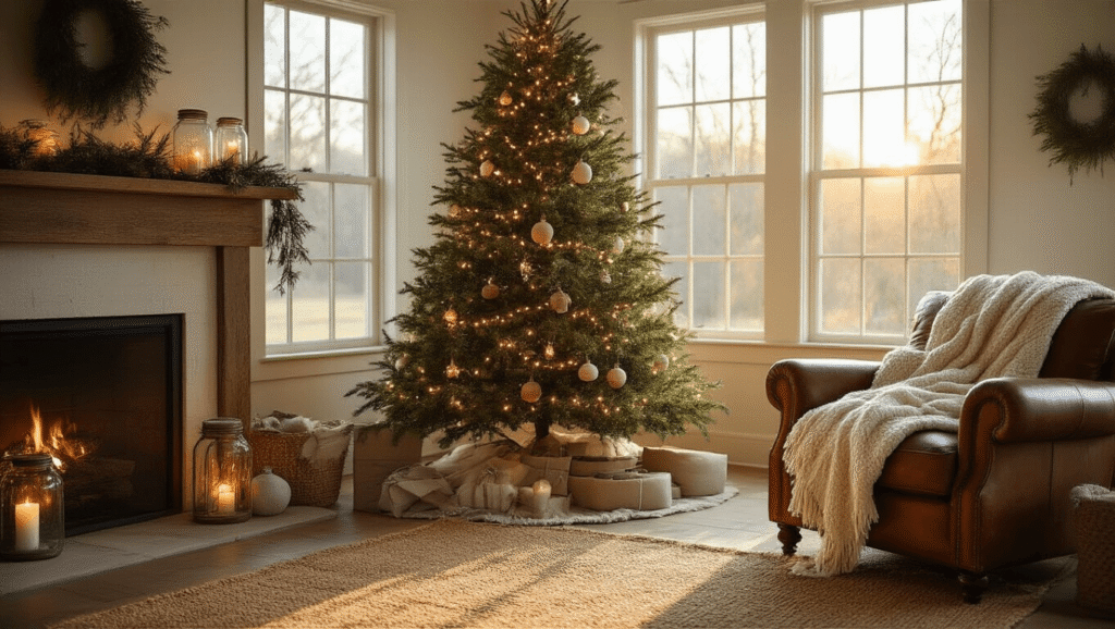 DIY Christmas Decor: Transform Your Home with Budget-Friendly Festive Magic A warmly lit farmhouse living room during golden hour featuring a 7-foot Christmas tree with wooden ornaments, sunlight streaming through windows, a leather armchair with a cream throw blanket, and a reclaimed wood mantel with mason jars of pine branches.