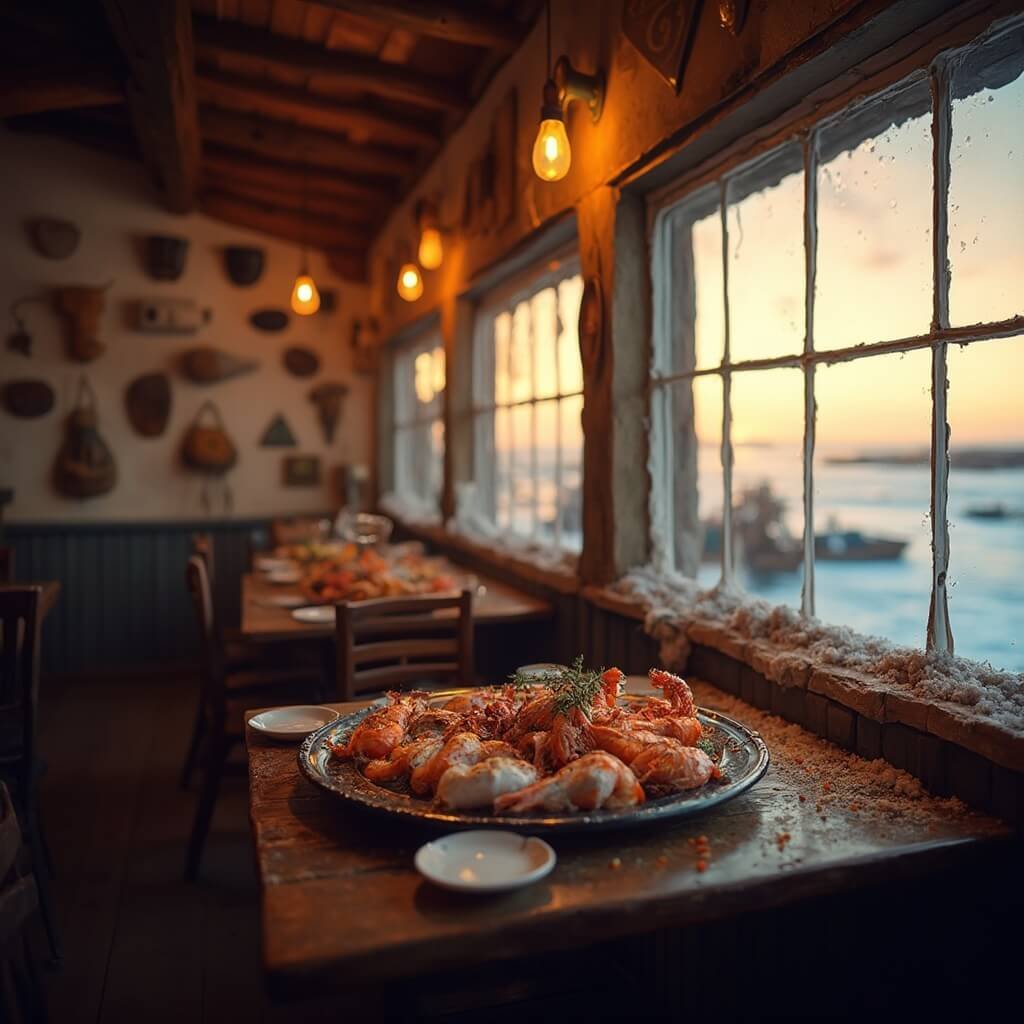 Cozy local seafood restaurant interior at sunset with rustic wooden tables, fresh seafood platter, fisherman's artifacts on walls, and a stunning winter ocean view through large windows.