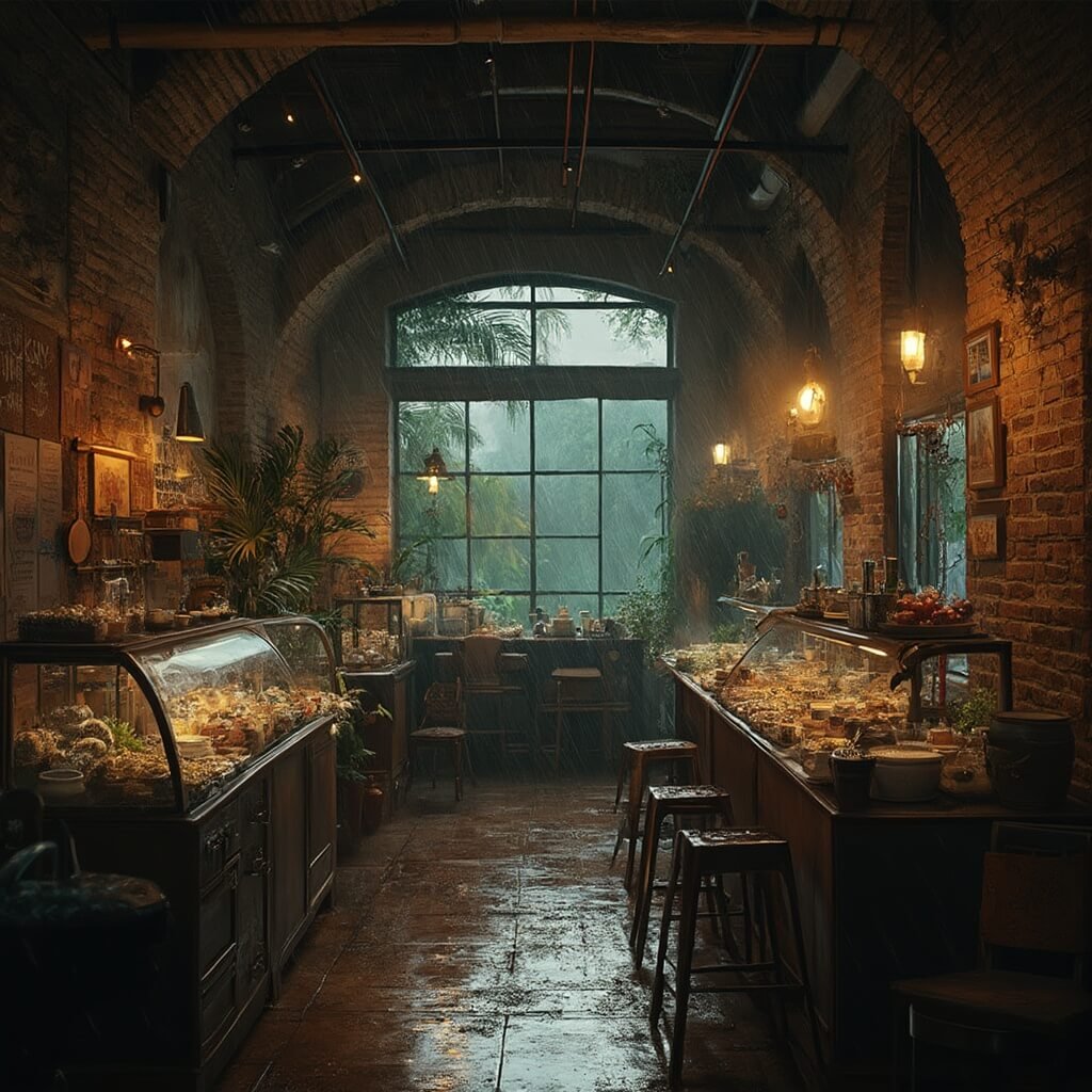 West Palm Beach in June: Your Ultimate Tropical Adventure Guide Cozy, upscale indoor market in West Palm Beach during a tropical rainstorm, showcasing warm interior lighting, exposed brick walls architecture, local artisans' wares, and large windows displaying heavy rain, in photorealistic style with rich colors