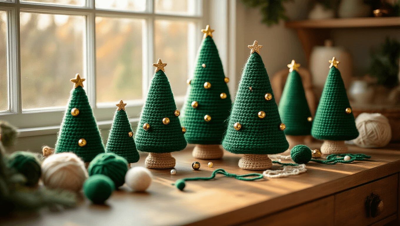 Cozy craft room corner with warm afternoon light, featuring handmade crochet Christmas trees in emerald and forest green yarn, adorned with gold bells and crystal beads, on a vintage wooden desk with scattered yarn balls.