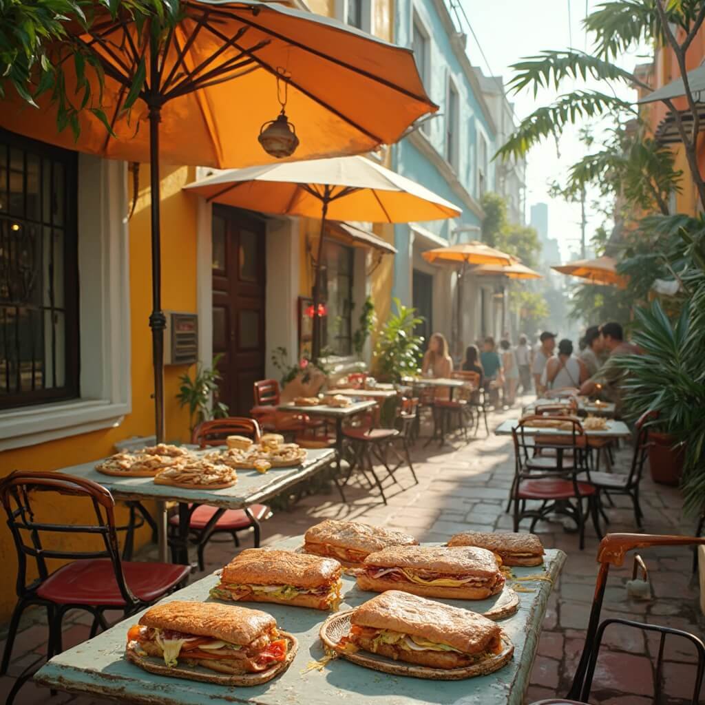 South Beach in May: Your Ultimate Sun-Soaked Paradise Revealed Bustling Cuban restaurant in Miami with colorful art deco buildings, tables with sandwiches, vintage parasols, tropical plants, and soft golden afternoon sunlight