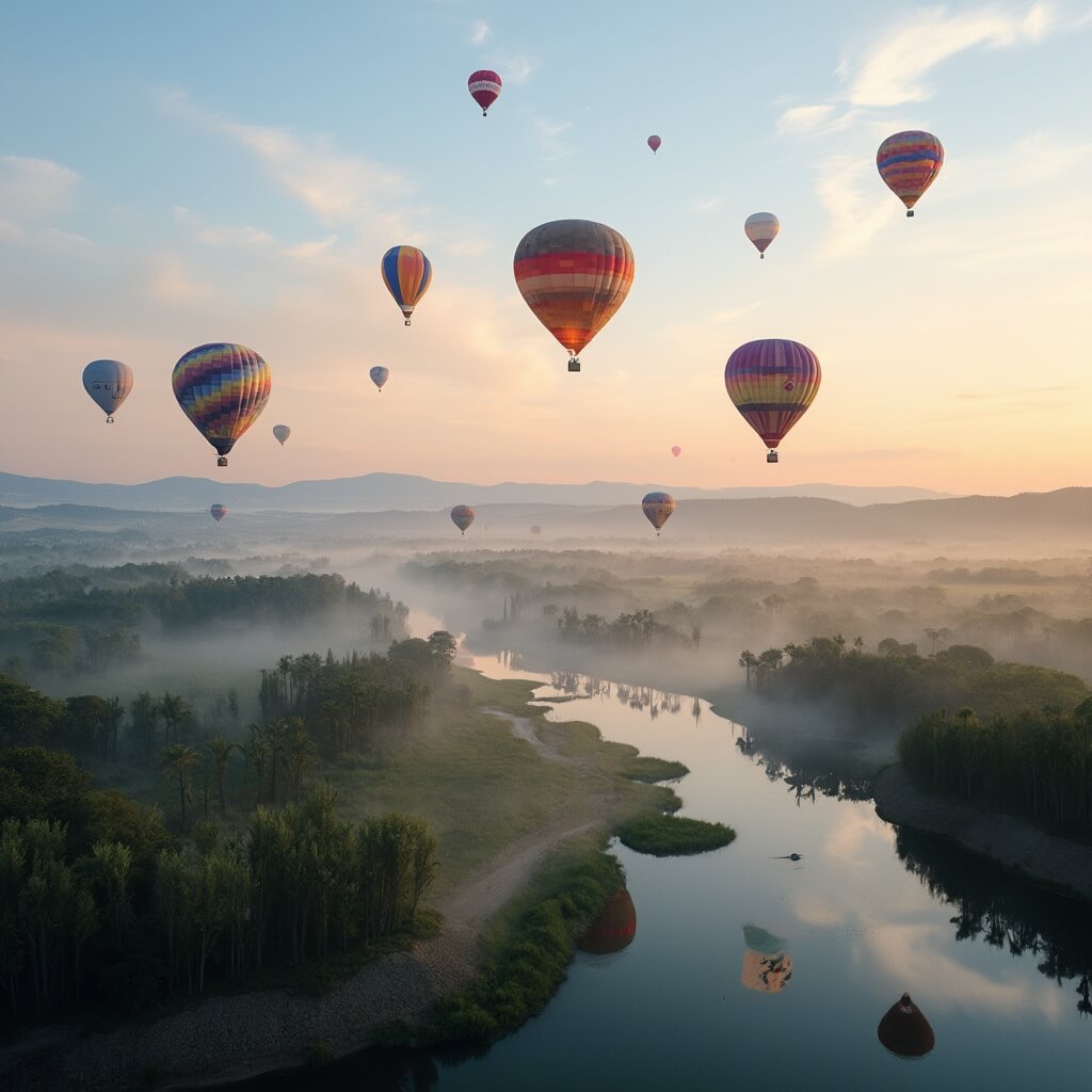 Kissimmee in March: Your Ultimate Spring Break Paradise Revealed! Hot air balloons over Shingle Creek Park at dawn, with misty wetlands and cypress trees below, under a soft pastel-colored sky